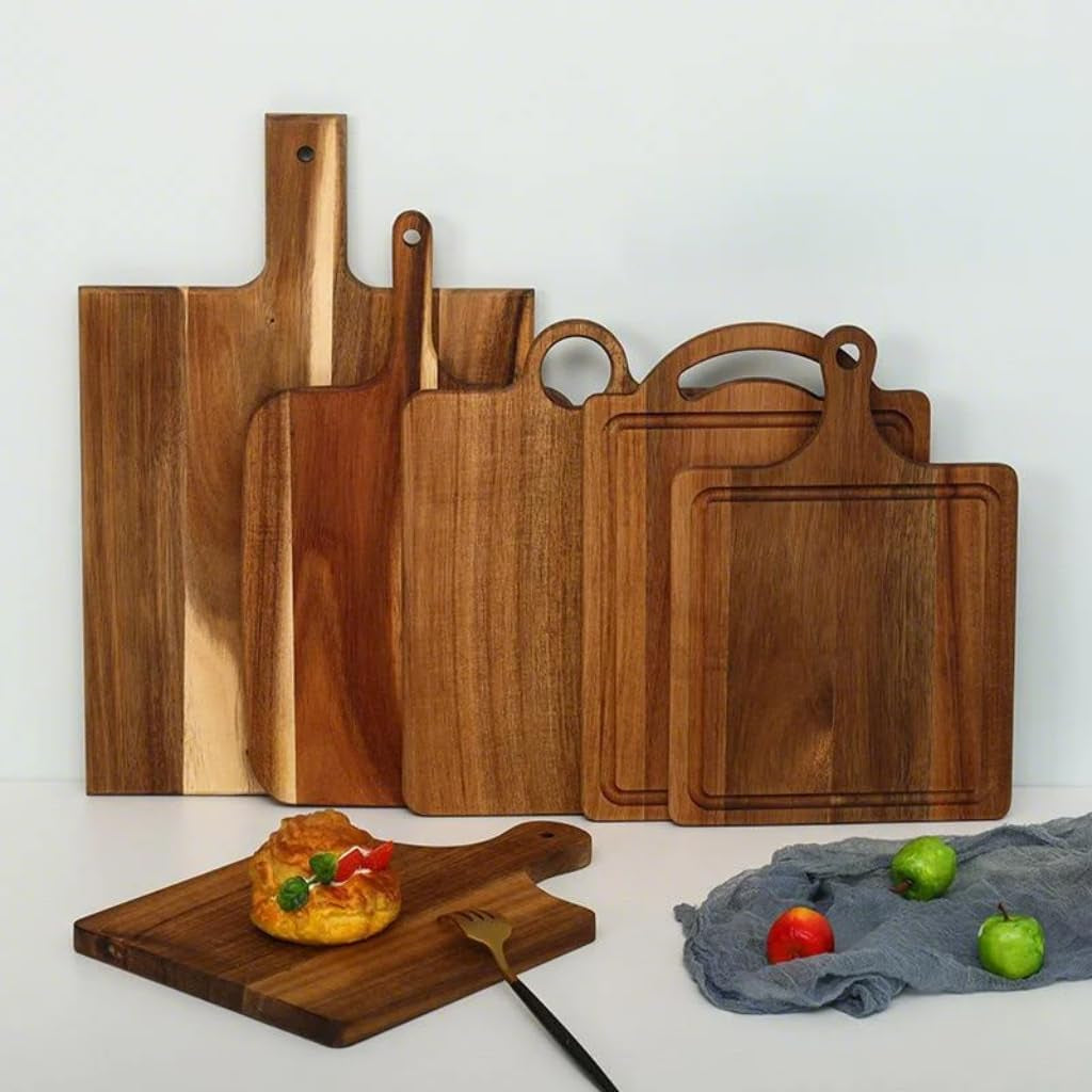 Acacia Wood Serving Board with Handle, Small Size 11" X 8"- Wooden Cutting Chopping Board for Meat, Vegetables, Bread, Charcuterie, Cheese Board - Food Serving Tray for Kitchen Appetizers